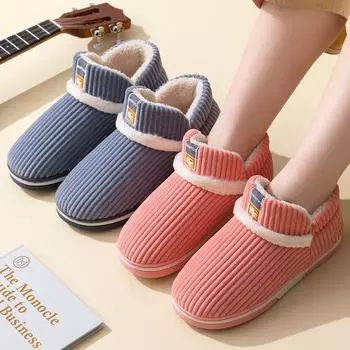 Унисекс осень-зима большой размер на толстой подошве домашние хлопковые тапочки мужские повседневные бархатные меховые домашние туфли женские теплые нескользящие тапочки для пар 40-47 40-41(one size smaller) светло-серый