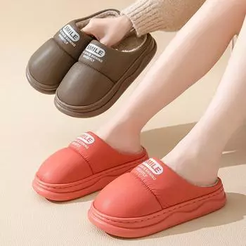 Унисекс осень-зима большой размер толстая подошва ПУ хлопковые домашние тапочки мужские повседневные бархатные меховые домашние тапочки нескользящие тапочки для пар 36-45 36-37(one size smaller) серый