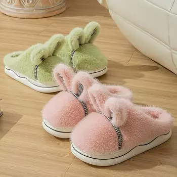 Унисекс осень-зима толстая подошва кролика домашние хлопковые тапочки мужские повседневные бархатные меховые домашние туфли женские нескользящие плюшевые тапочки для пар 36-41 44-45(one size smaller) серый