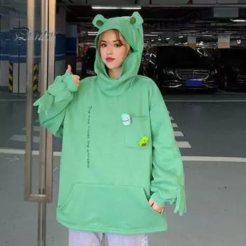 Унисекс Осень Зима Толстовка с капюшоном в форме лягушки Молния Капюшон Утолщенный плюш Теплый Вышитые буквы Большой карман Длинные рукава Пара Поездки на работу На Открытом Воздухе Отдых M зелёный