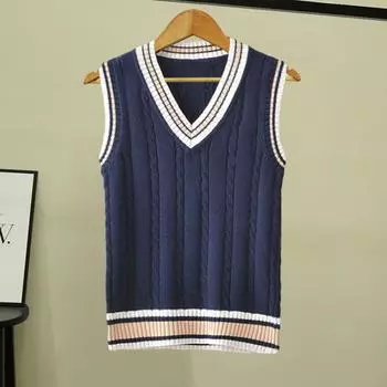 Унисекс, осенне-зимний пуловер с v-образным вырезом, утолщенный жилет без рукавов с крутой текстурой, полосатый вязаный жилет в студенческом стиле L белый