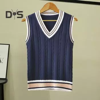 Унисекс, осенне-зимний пуловер с v-образным вырезом, утолщенный жилет без рукавов с крутой текстурой, полосатый вязаный жилет в студенческом стиле L белый