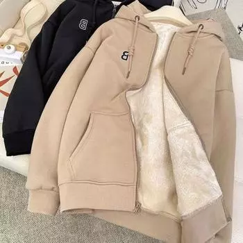 Унисекс осенне-зимняя толстовка с капюшоном на шнурке сплошной цвет толстые плюшевые карманы с длинным рукавом эластичные манжеты мягкая теплая застежка-молния с капюшоном женская мужская куртка L абрикосовый
