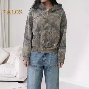 Унисекс, осенне-зимняя толстовка в стиле хип-хоп, винтажное пальто с длинными рукавами и принтом на молнии, толстое теплое пальто с капюшоном и карманами, уличная одежда, свободное пальто S темные хаки