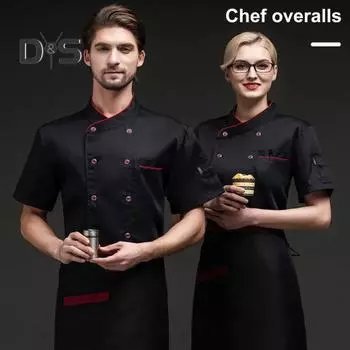 Унисекс пальто шеф-повара Куртка с короткими рукавами Мужчины Женщины Хлопковая смесь V-образным вырезом на пуговицах Униформа шеф-повара с карманами Пятностойкая одежда для повара Одежда для общественного питания M чёрный