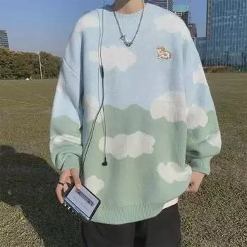 Унисекс Пастельный свитер с облачной вязкой – Голубое небо и белые облака S