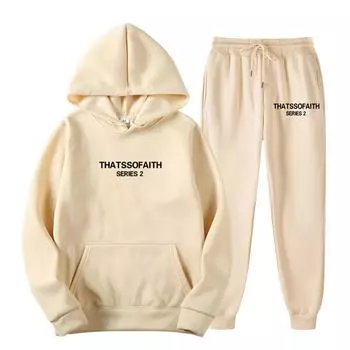 Унисекс плюшевые брюки с длинными рукавами, свободный пуловер с принтом и веревочной толстовкой из двух частей L бежевый