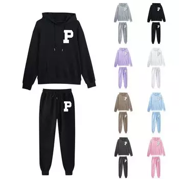 Унисекс плюшевые брюки с длинными рукавами, свободный пуловер с принтом и веревочной толстовкой из двух частей L чёрный