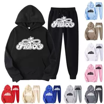 Унисекс плюшевые брюки с длинными рукавами, свободный пуловер с принтом и веревочной толстовкой из двух частей S чёрный