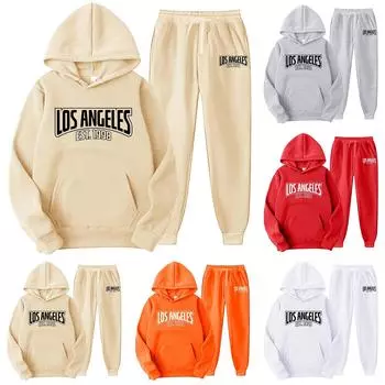 Унисекс плюшевые брюки с длинными рукавами, свободный пуловер с принтом и веревочной толстовкой из двух частей S бежевый