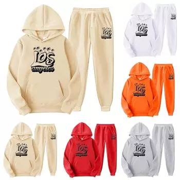 Унисекс плюшевые брюки с длинными рукавами, свободный пуловер с принтом и веревочной толстовкой из двух частей L