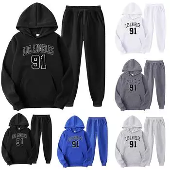 Унисекс плюшевые брюки с длинными рукавами, свободный пуловер с принтом и веревочной толстовкой из двух частей M синий