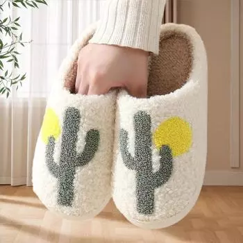 Унисекс плюшевые хлопковые тапочки нескользящие удобные домашние зимние хлопковые тапочки с кактусом для мужчин и женщин пар теплые хлопковые тапочки на толстой подошве 35-36 белый