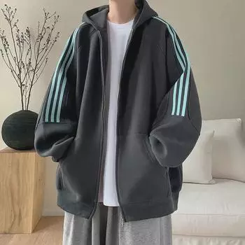 Унисекс Полосатый Кардиган С Капюшоном - Плотная Куртка Весна/Осень