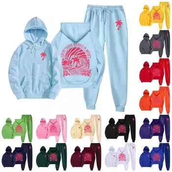 Унисекс Повседневный комплект из толстовки с капюшоном и брюками с длинными рукавами и карманами на шнурке S белый