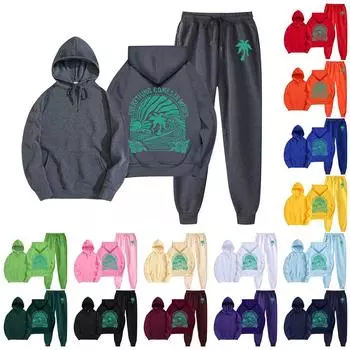 Унисекс Повседневный комплект из толстовки с капюшоном и брюками с длинными рукавами и карманами на шнурке L светло-синий