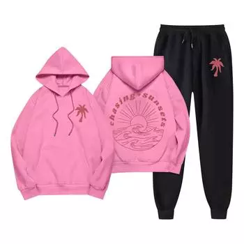 Унисекс Повседневный комплект из толстовки с капюшоном и брюками с длинными рукавами и карманами на шнурке S розовый