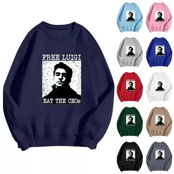 Унисекс Повседневный Модный Печатный Круглый Вырез Свободный Длинный Рукав Свитер Топ L чёрный