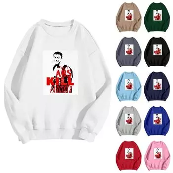 Унисекс Повседневный Модный Печатный Круглый Вырез Свободный Длинный Рукав Свитер Топ L чёрный