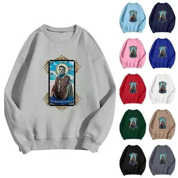 Унисекс Повседневный Модный Печатный Круглый Вырез Свободный Длинный Рукав Свитер Топ M чёрный