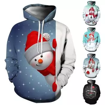 Унисекс повседневный рождественский элемент с принтом вокруг шеи с капюшоном плюс флисовый свитер XXXXL чёрный