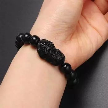 Унисекс Привлечение Богатства Женщины Pixiu Мужчины Удача Браслет Обсидиан Камень Бусины Браслеты чёрный