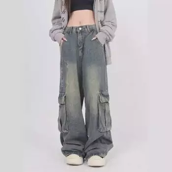 Unisex Retro Distressed Multi-Pocket Jeans: High Street Casual Overalls Large синий