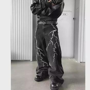 Унисекс ретро-джинсы с вышитыми молниями - свободный крой в стиле хип-хоп S чёрный