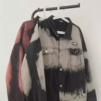 Унисекс ретро градиентная джинсовая куртка тай-дай с лацканами - уличный стиль хип-хоп Large серый