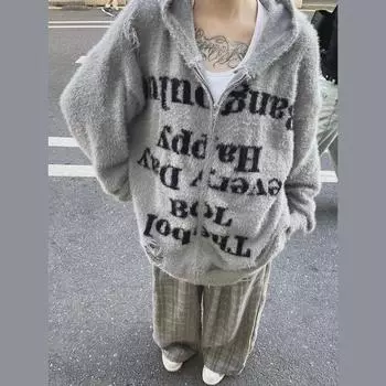 Унисекс ретро High Street вязаный кардиган с капюшоном на молнии с плюшевой подкладкой L чёрный