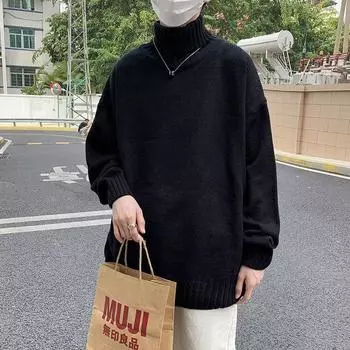 Унисекс ретро корейский вязаный свитер с высоким воротником - простой, однотонный и свободный Medium чёрный