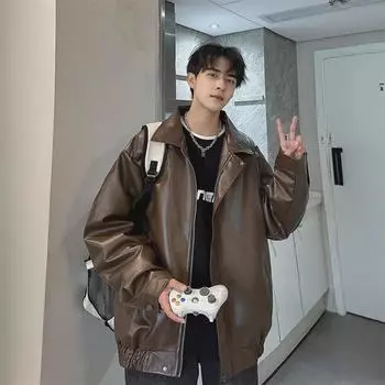 «Унисекс ретро-куртка в стиле мотоцикла из искусственной кожи в стиле хип-хоп на осень» XL коричневый