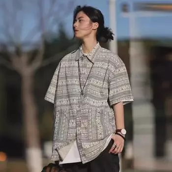 Унисекс ретро японский этнический принт летняя рубашка с коротким рукавом Large хаки