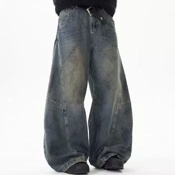 Унисекс ретро-стираемые широкие джинсы Scimitar – свободные, прямые, в американском стиле casual L синий