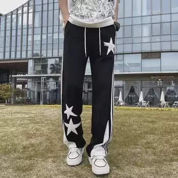 Унисекс ретро звезды вышитые повседневные прямые свободные брюки для пар XL серый