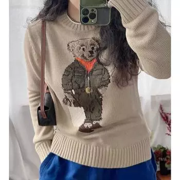 Унисекс шерстяной вышитый свитер с рисунком медведя - повседневный круглый вырез, длинный рукав S хаки