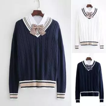 Unisex Sweater V-Neck Long Sleeve Couples School Uniforms Loose Fit Color-Blocking Design L белый
