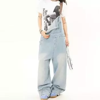 Унисекс светло-голубой ретро джинсовый комбинезон с широкими штанинами XL светло-синий