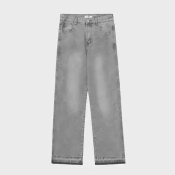 Унисекс светло-серые прямые джинсы в американском стиле с потертостями и необработанным краем L серый
