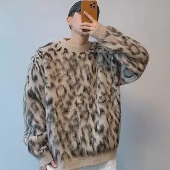 Унисекс-свитер American Retro High Street с леопардовым принтом - стильный хип-хоп, теплая вязка, свободный крой 3XL