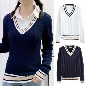 Унисекс свитер с V-образным вырезом, длинным рукавом, для пар, школьная форма, свободный крой, дизайн с цветовыми блоками, скрученная текстура, стиль преппи, вязаные топы M темно-синий