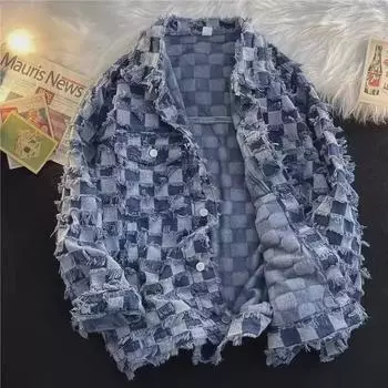 Унисекс свободная ретро-шотландская джинсовая куртка с шахматным узором - трендовая уличная мода весна/осень