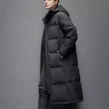 Унисекс Теплая куртка-пуховик Мужская толстая однотонная парка с капюшоном на молнии Женская длинная зимняя куртка выше колена с начесом XS чёрный