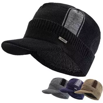 Унисекс теплая зимняя шапка с полями плюшевая меховая подкладка шапка-бини JEANS Label утолщенные зимние шапки для мужчин и женщин вязаная шапка для улицы 56cm-60cm чёрный