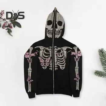Унисекс Толстовка на Хэллоуин со стразами Призрак Скелет с застежкой-молнией Карманы с капюшоном Длинные рукава Партия Косплей Костюм Осень-Зима Куртка S розовый