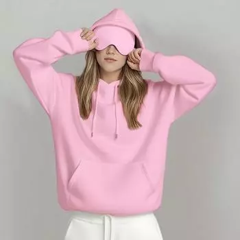 Унисекс толстовка с капюшоном и встроенной маской для глаз, повседневный пуловер с длинным рукавом, спортивная толстовка однотонного цвета, толстовка свободного кроя L розовый