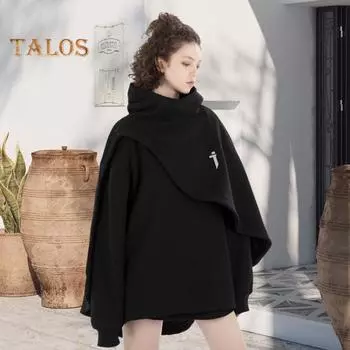 Унисекс толстовка с капюшоном, имитация двухкомпонентного пончо, многослойный нерегулярный дизайн, толстый высокий воротник, меховой стиль, толстовка с длинными рукавами, повседневная спортивная уличная одежда XL чёрный