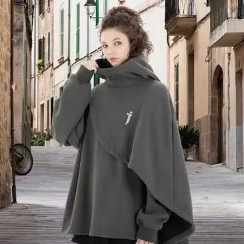 Унисекс толстовка с капюшоном, имитация двухкомпонентного пончо, многослойный нерегулярный дизайн, толстый высокий воротник, меховой стиль, толстовка с длинными рукавами, повседневная спортивная уличная одежда 3XL чёрный