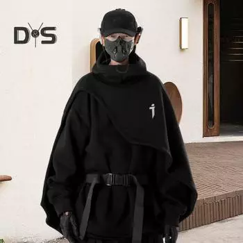 Унисекс толстовка с капюшоном, имитация двухкомпонентного пончо, многослойный нерегулярный дизайн, толстый высокий воротник, меховой стиль, толстовка с длинными рукавами, повседневная спортивная уличная одежда XL чёрный