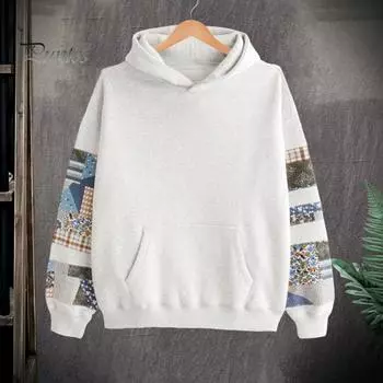 Унисекс толстовка с капюшоном с большим карманом, ретро-принт, длинные рукава, свободный капюшон, однотонные эластичные манжеты, уличный топ в стиле хип-хоп XL светло-серый